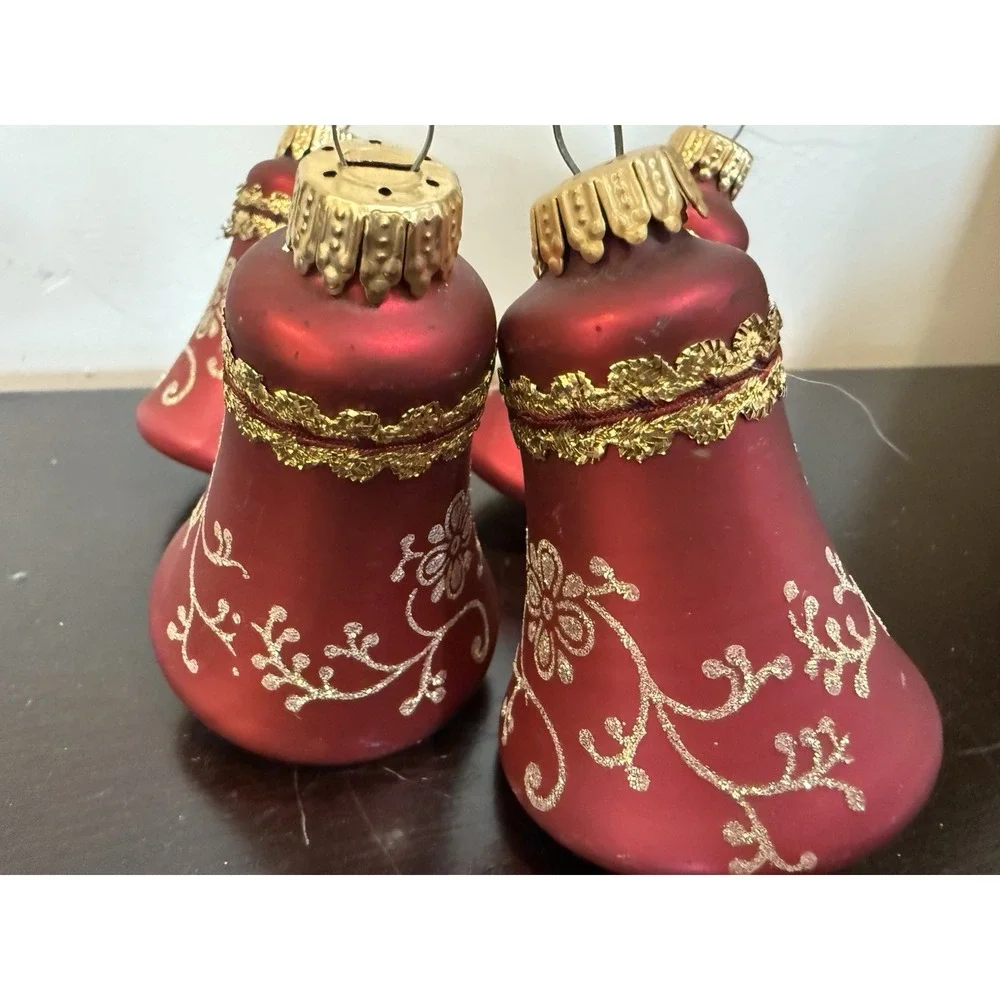 CHRISTMAS BY KREBS Glass BELL Ornaments Red w/ Gold Glitter Set of 4 No Box